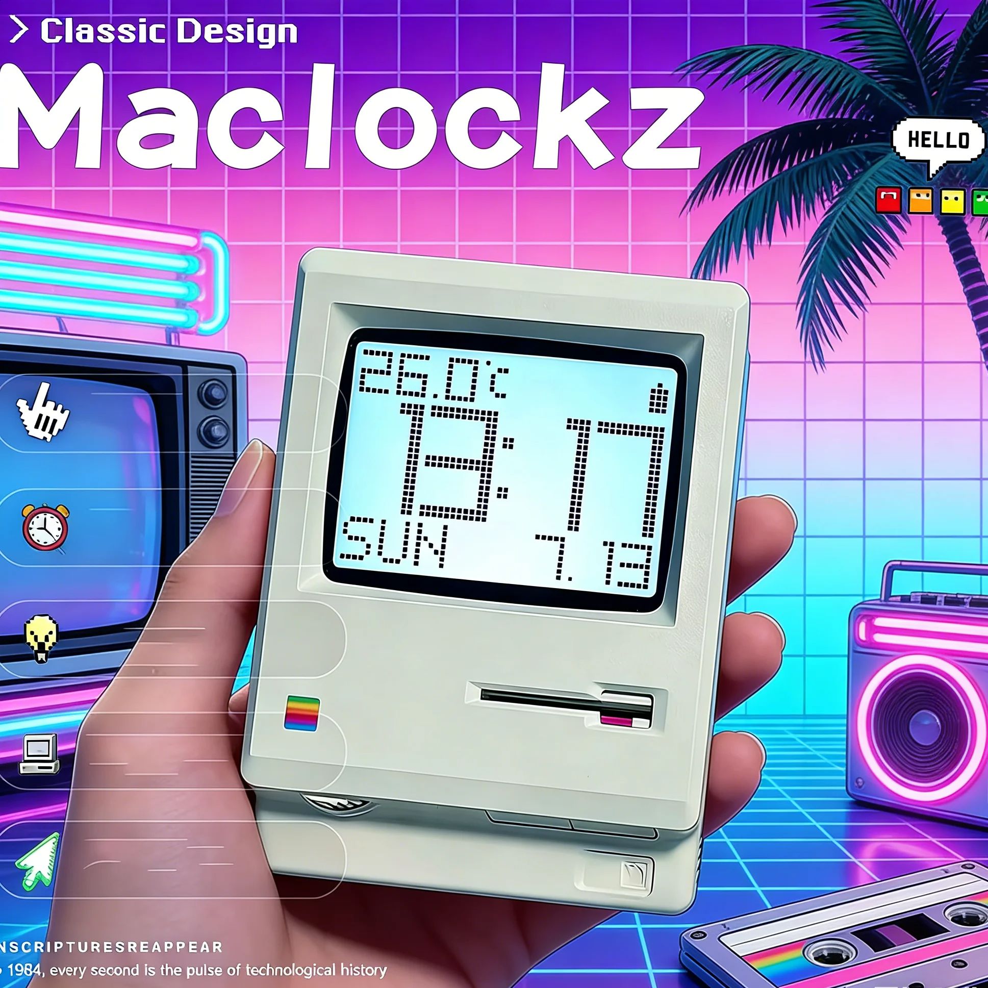 Office Tech Gifts - Réveil Maclock rétro nostalgique, Style ordinateur